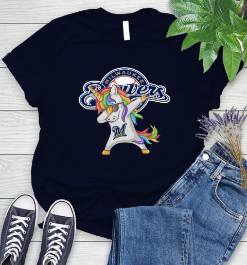 Milwaukee Brewers MLB Baseball Funny Unicorn Dabbing Sports Women's T-Shirt 3