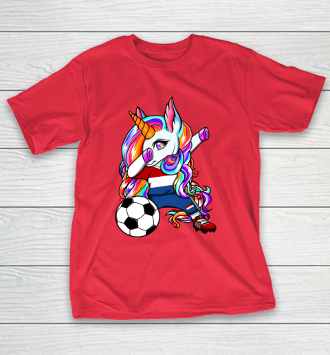 Dabbing Unicorn Netherlands Soccer Fans Jersey Flag Football T-Shirt 22