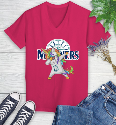 Seattle Mariners MLB Baseball Funny Unicorn Dabbing Sports Women's V-Neck T-Shirt 9
