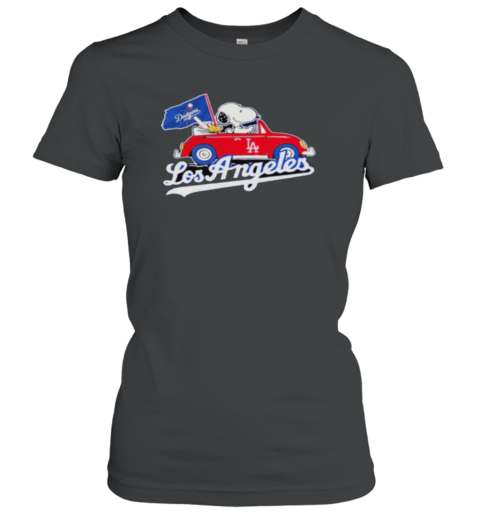 Los Angeles Dodgers Snoppy and Woodstock riding car Women's T-Shirt