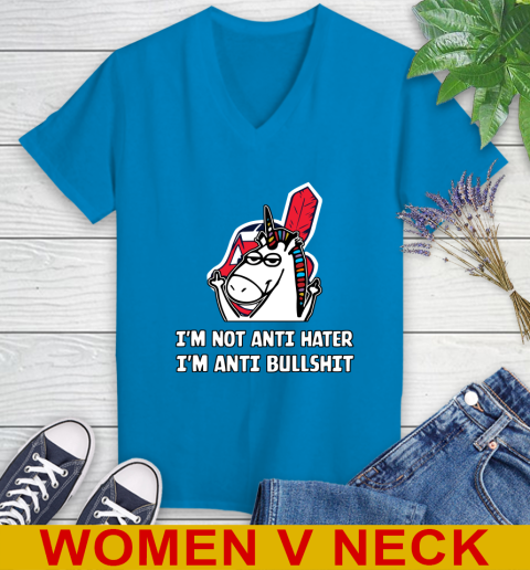 Cleveland Indians MLB Baseball Unicorn I'm Not Anti Hater I'm Anti Bullshit Women's V-Neck T-Shirt 8