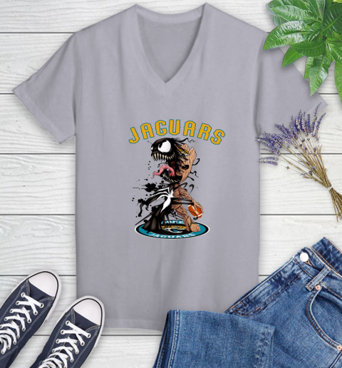 NFL Jacksonville Jaguars Football Venom Groot Guardians Of The Galaxy Women's V-Neck T-Shirt - Image 5