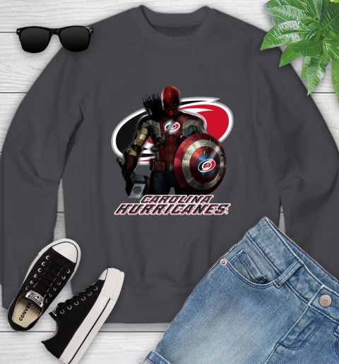 NHL Captain America Thor Spider Man Hawkeye Avengers Endgame Hockey Carolina Hurricanes Youth Sweatshirt 6
