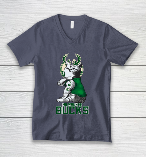 NBA Basketball My Cat Loves Milwaukee Bucks V-Neck T-Shirt 7