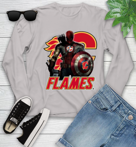 NHL Captain America Thor Spider Man Hawkeye Avengers Endgame Hockey Calgary Flames Youth Long Sleeve 12