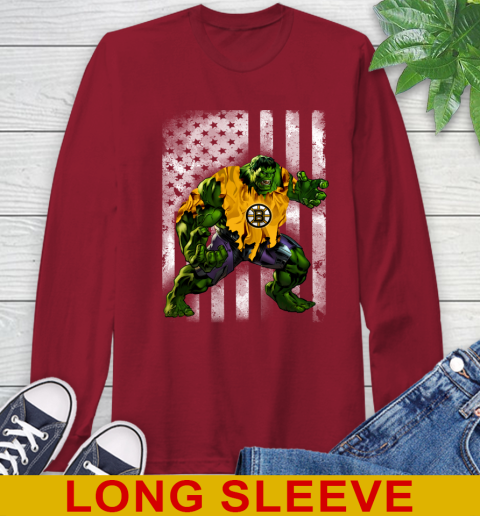 Boston Bruins Hulk Marvel Avengers NHL Hockey American Flag Long Sleeve T-Shirt 9