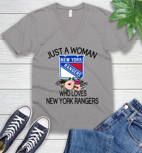 NHL Just A Woman Who Loves New York Rangers Hockey Sports V-Neck T-Shirt 2