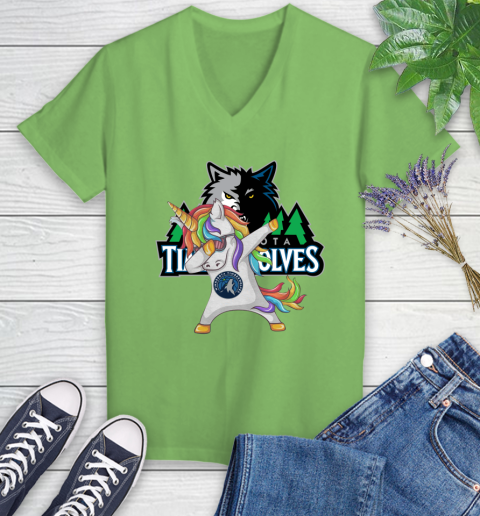 Minnesota Timberwolves NBA Basketball Funny Unicorn Dabbing Sports Women's V-Neck T-Shirt 11
