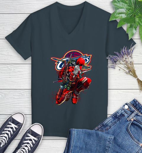 NBA Deadpool Marvel Comics Sports Basketball Cleveland Cavaliers Women's V-Neck T-Shirt 8