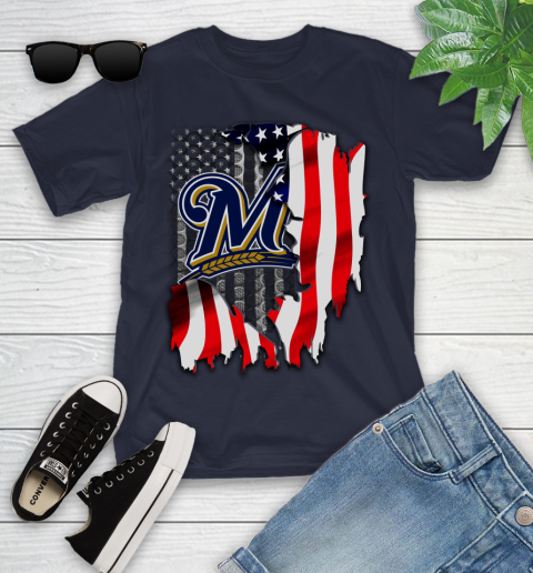 Milwaukee Brewers MLB Baseball American Flag Youth T-Shirt 2