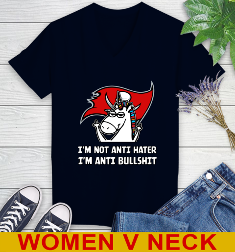 Tampa Bay Buccaneers NFL Football Unicorn I'm Not Anti Hater I'm Anti Bullshit Women's V-Neck T-Shirt 3
