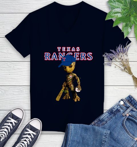 MLB Texas Rangers Groot Guardians Of The Galaxy Baseball Women's V-Neck T-Shirt 3