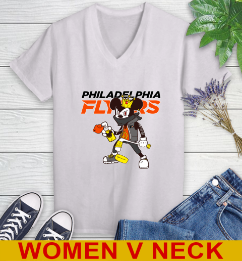 Philadelphia Flyers NHL Hockey Mickey Peace Sign Sports Women's V-Neck T-Shirt