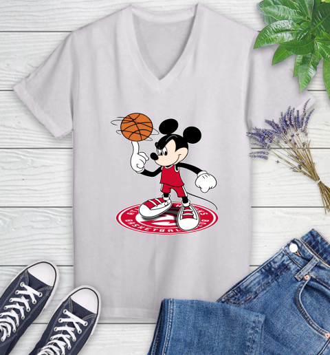 NBA Basketball Atlanta Hawks Cheerful Mickey Disney Shirt Women's V-Neck T-Shirt 2