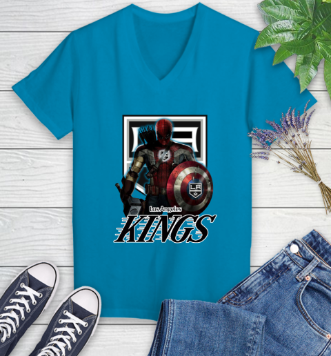 NHL Captain America Thor Spider Man Hawkeye Avengers Endgame Hockey Los Angeles Kings Women's V-Neck T-Shirt 7