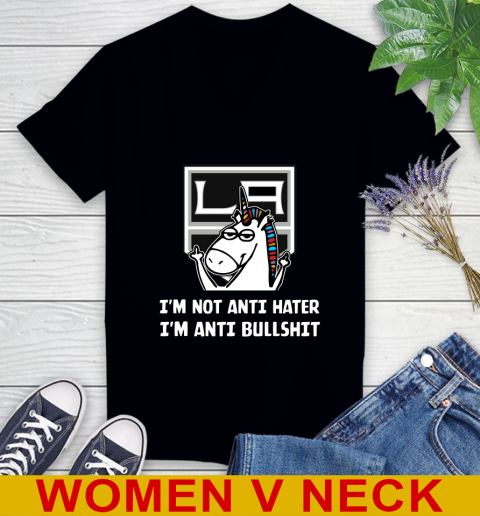 Los Angeles Kings NHL Hockey Unicorn I'm Not Anti Hater I'm Anti Bullshit Women's V-Neck T-Shirt 2