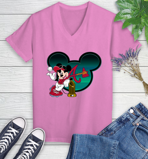 MLB Atlanta Braves The Commissioner's Trophy Mickey Mouse Disney Women's V-Neck T-Shirt 14
