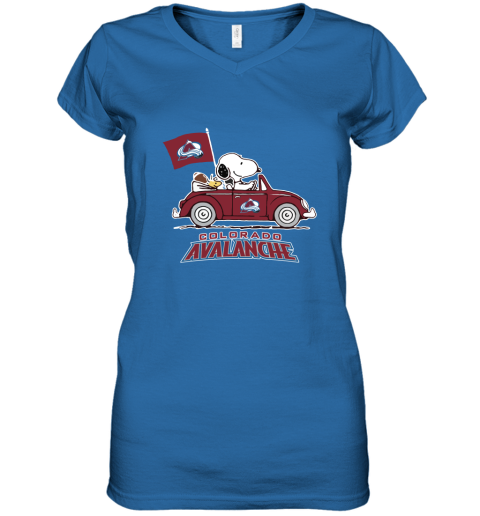 Snoopy And Woodstock Ride The Colorado Avalanche Car NHL Women's V-Neck T-Shirt
