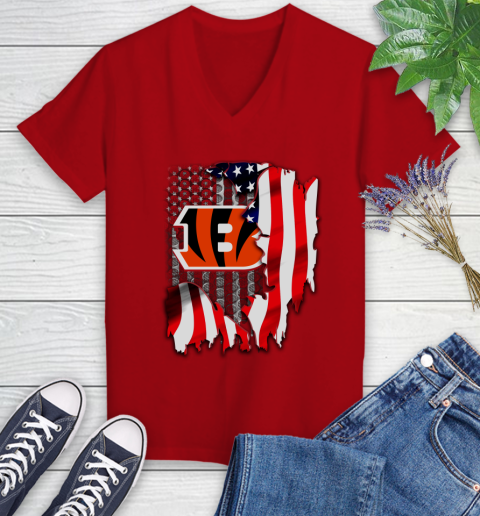 Cincinnati Bengals NFL Football American Flag Women's V-Neck T-Shirt 11