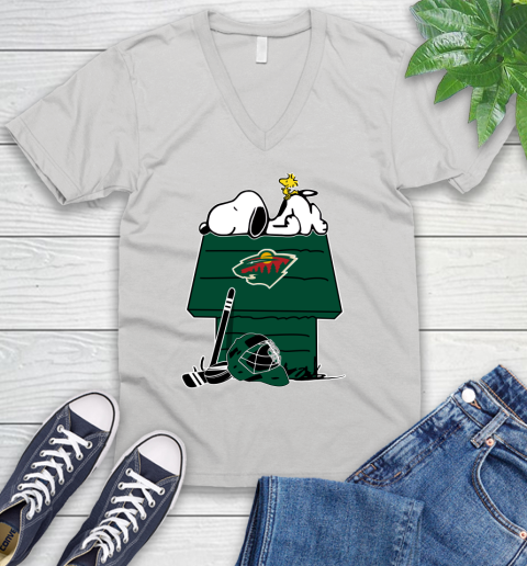 Minnesota Wild NHL Hockey Snoopy Woodstock The Peanuts Movie V-Neck T-Shirt