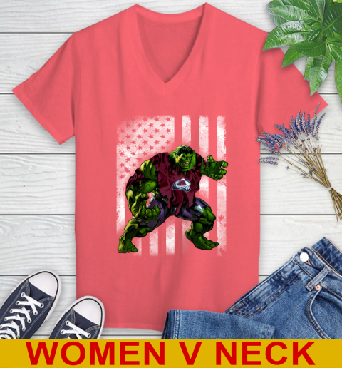 Colorado Avalanche Hulk Marvel Avengers NHL Hockey American Flag Women's V-Neck T-Shirt 6