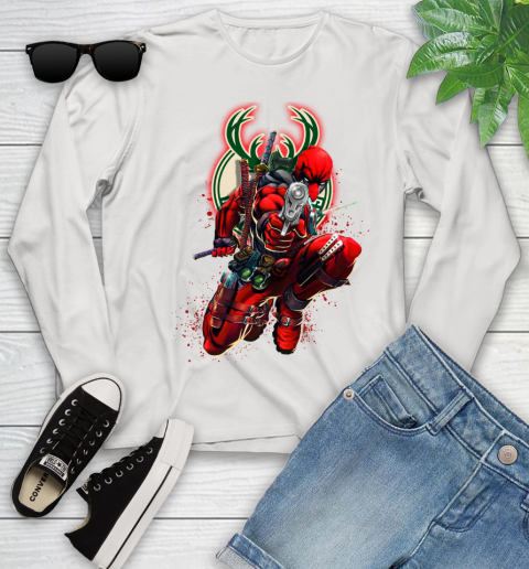 NBA Deadpool Marvel Comics Sports Basketball Milwaukee Bucks Youth Long Sleeve