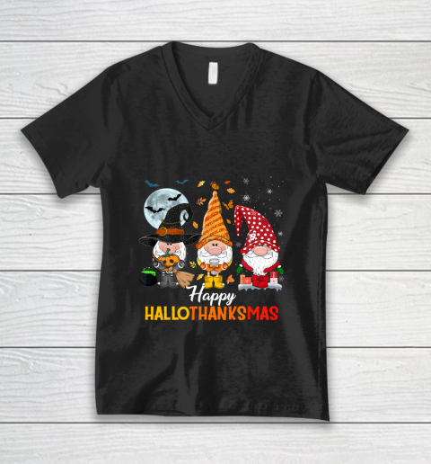 Gnomes Halloween And Merry Christmas Happy Hallothanksmas V-Neck T-Shirt