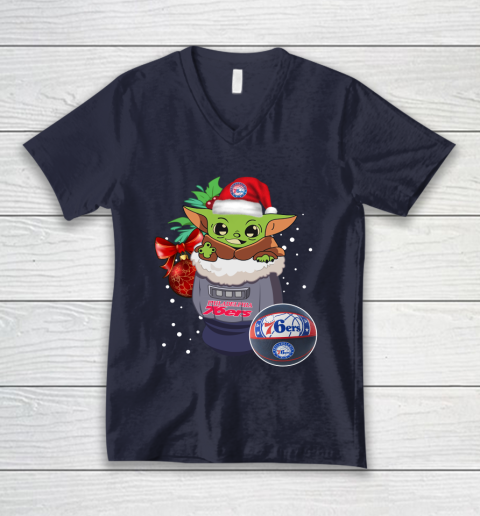 Philadelphia 76ers Christmas Baby Yoda Star Wars Funny Happy NBA V-Neck T-Shirt 3