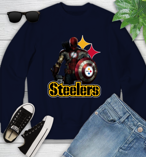 NFL Captain America Thor Spider Man Hawkeye Avengers Endgame Football Pittsburgh Steelers Youth Sweatshirt 3