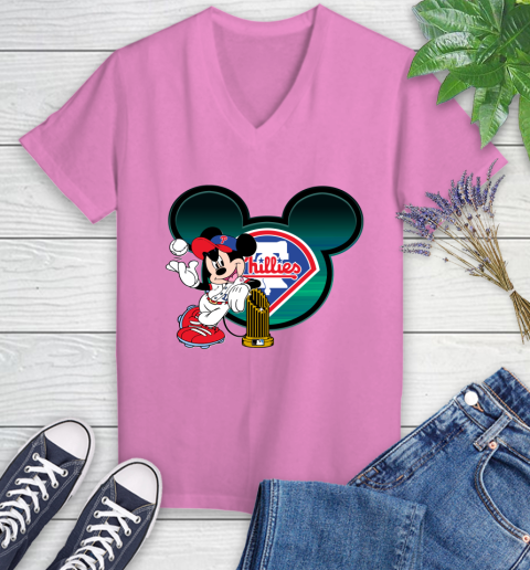 MLB Philadelphia Phillies The Commissioner's Trophy Mickey Mouse Disney Women's V-Neck T-Shirt 14