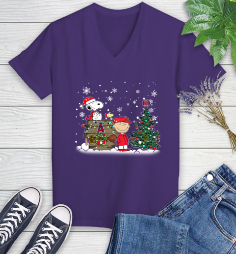 MLB Los Angeles Angels Snoopy Charlie Brown Christmas Baseball Commissioner's Trophy Women's V-Neck T-Shirt 3