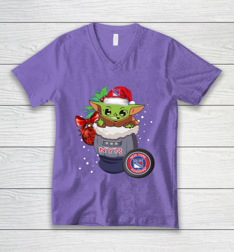 New York Rangers Christmas Baby Yoda Star Wars Funny Happy NHL V-Neck T-Shirt 9