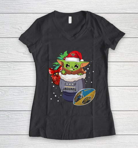 Jacksonville Jaguars Christmas Baby Yoda Star Wars Funny Happy NFL Women's V-Neck T-Shirt 8
