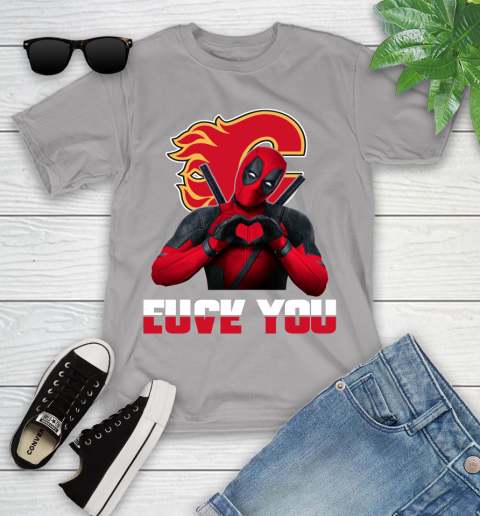 NHL Calgary Flames Deadpool Love You Fuck You Hockey Sports Youth T-Shirt 4