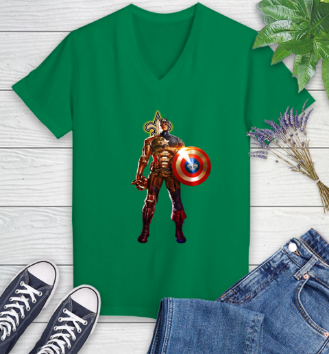 NFL Captain America Marvel Avengers Endgame Football Sports New Orleans Saints Women's V-Neck T-Shirt 5