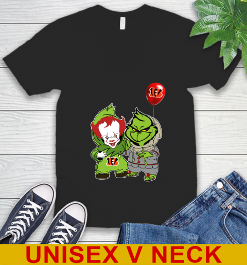 Cincinnati Bengals Baby Pennywise Grinch Christmas NFL Football V-Neck T-Shirt 2