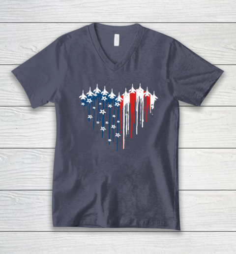 Retro Fighter Jet Airplane American Flag Heart 4th Of July V-Neck T-Shirt 6