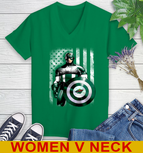 Minnesota Wild NHL Hockey Captain America Marvel Avengers American Flag Shirt Women's V-Neck T-Shirt 5