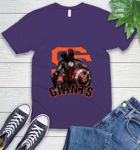 MLB Captain America Thor Spider Man Hawkeye Avengers Endgame Baseball San Francisco Giants V-Neck T-Shirt 10