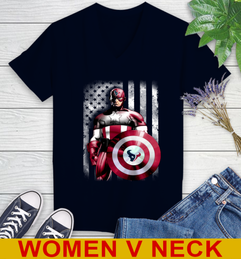 Houston Texans NFL Football Captain America Marvel Avengers American Flag Shirt Women's V-Neck T-Shirt 2