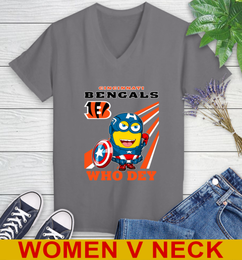 NFL Football Cincinnati Bengals Captain America Marvel Avengers Minion Shirt Women's V-Neck T-Shirt 11