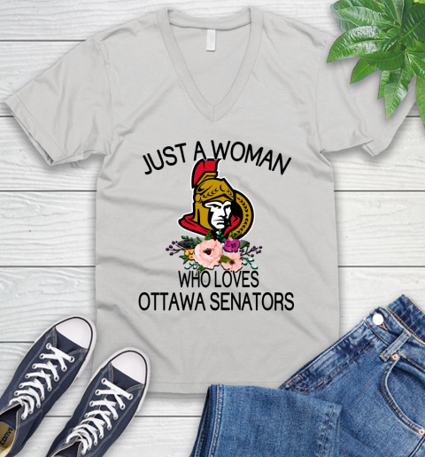 NHL Just A Woman Who Loves Ottawa Senators Hockey Sports V-Neck T-Shirt