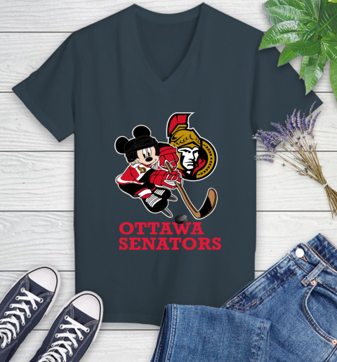 NHL Ottawa Senators Mickey Mouse Disney Hockey T Shirt Women's V-Neck T-Shirt 8
