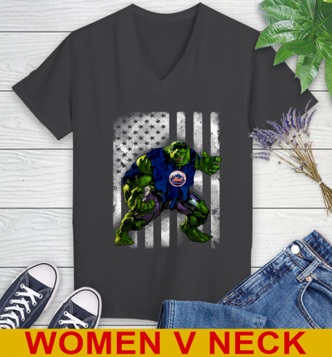 New York Mets Hulk Marvel Avengers MLB Baseball American Flag Women's V-Neck T-Shirt 8