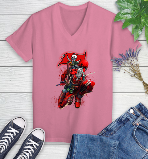 NFL Deadpool Marvel Comics Sports Football Tampa Bay Buccaneers Women's V-Neck T-Shirt 13