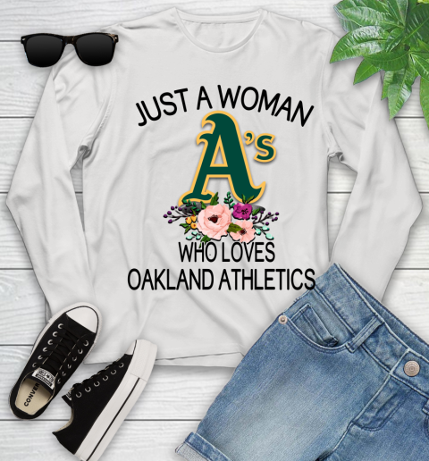 MLB Just A Woman Who Loves Oakland Athletics Baseball Sports Youth Long Sleeve