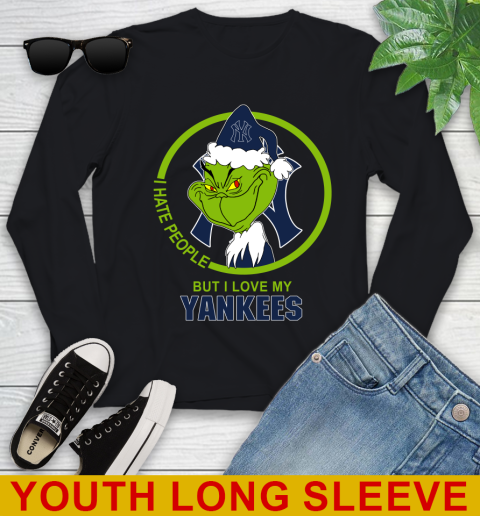 New York Yankees MLB Christmas Grinch I Hate People But I Love My Favorite Baseball Team Youth Long Sleeve 2