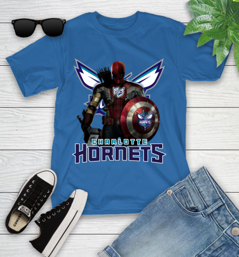 Charlotte Hornets NBA Basketball Captain America Thor Spider Man Hawkeye Avengers Youth T-Shirt 9