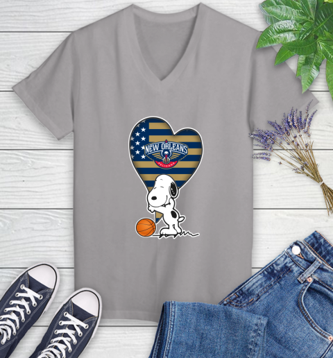 New Orleans Pelicans NBA Basketball The Peanuts Movie Adorable Snoopy Women's V-Neck T-Shirt 4