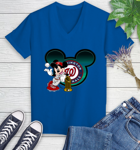 MLB Washington Nationals The Commissioner's Trophy Mickey Mouse Disney Women's V-Neck T-Shirt 10